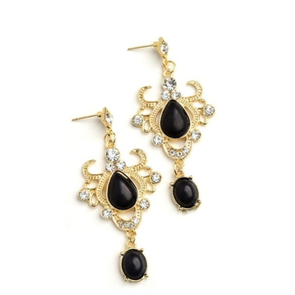 NWT Boho Festival Black and Gold Drop Earrings